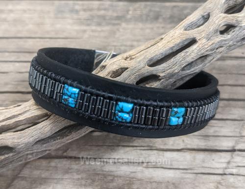 15 mm black leather cuff woven turquoise hematite by Cliff Sprague